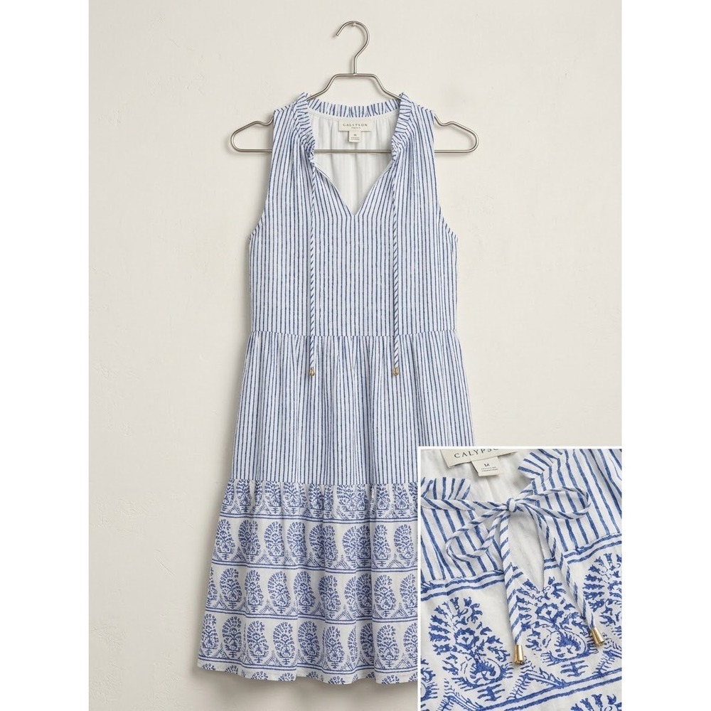 Calypso St Barth Blue White Striped Tiered Cotton Dress Sleeveless Boho Medium